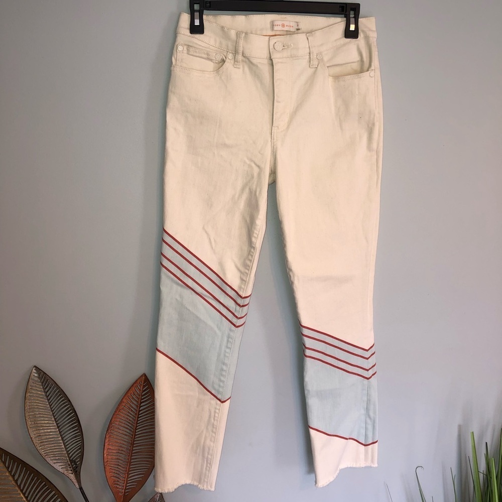 Tory Burch Cream Jeans with Light Blue Panels and Red Stripe Detail (Love these)